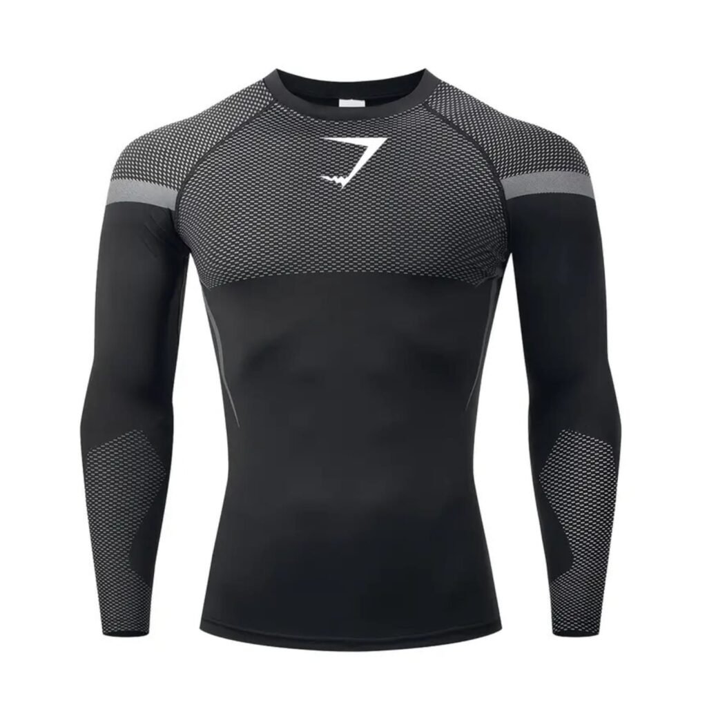 Black long-sleeve compression shirt with breathable mesh panels, ergonomic fit, and performance design.