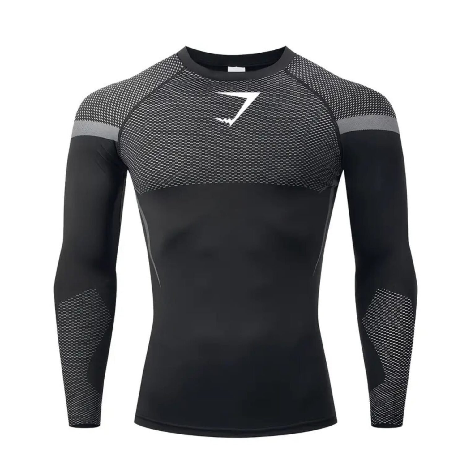 Black long-sleeve compression shirt with breathable mesh panels, ergonomic fit, and performance design.