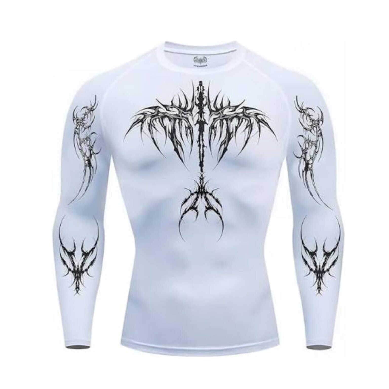 White long-sleeve shirt with black gothic graphics.