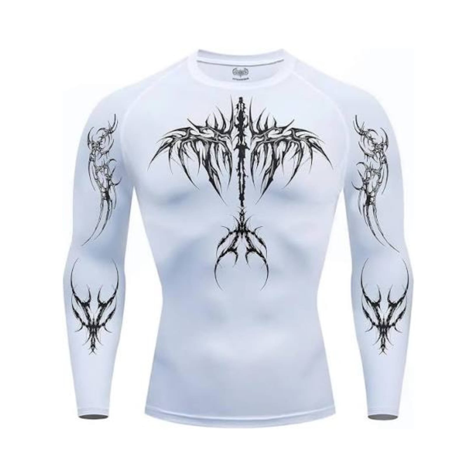 White long-sleeve shirt with black gothic graphics.