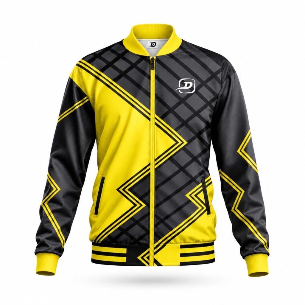 Yellow and black custom sports jacket with geometric athletic design