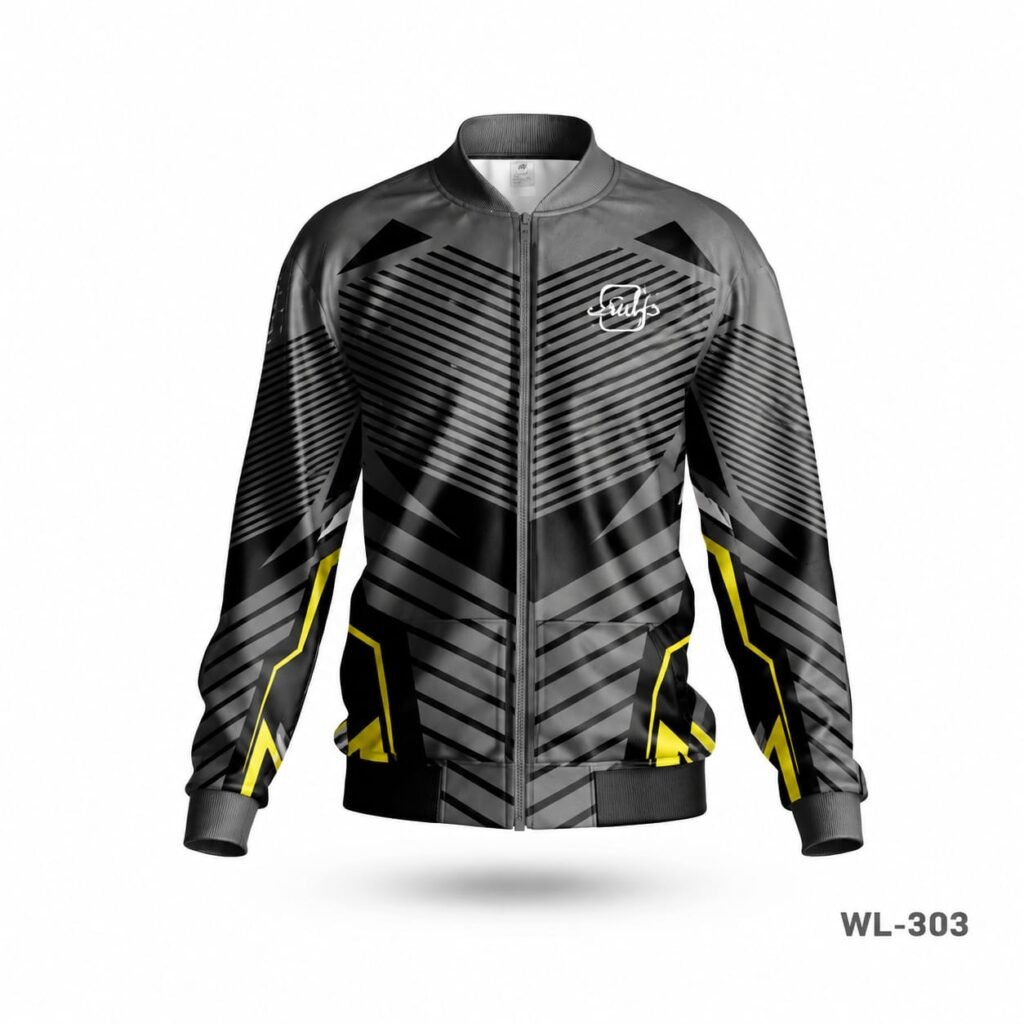 Black and grey sports jacket with striped geometric athletic pattern