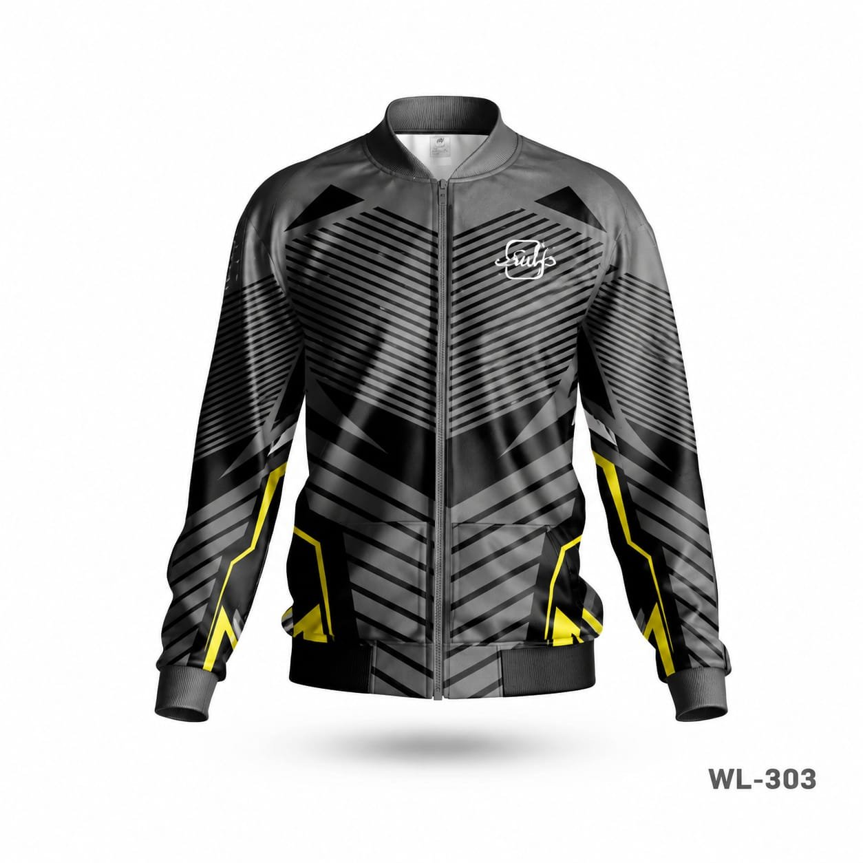 Black and grey sports jacket with striped geometric athletic pattern