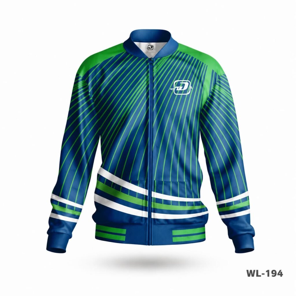 Blue and green sports jacket with striped athletic design and contrast details