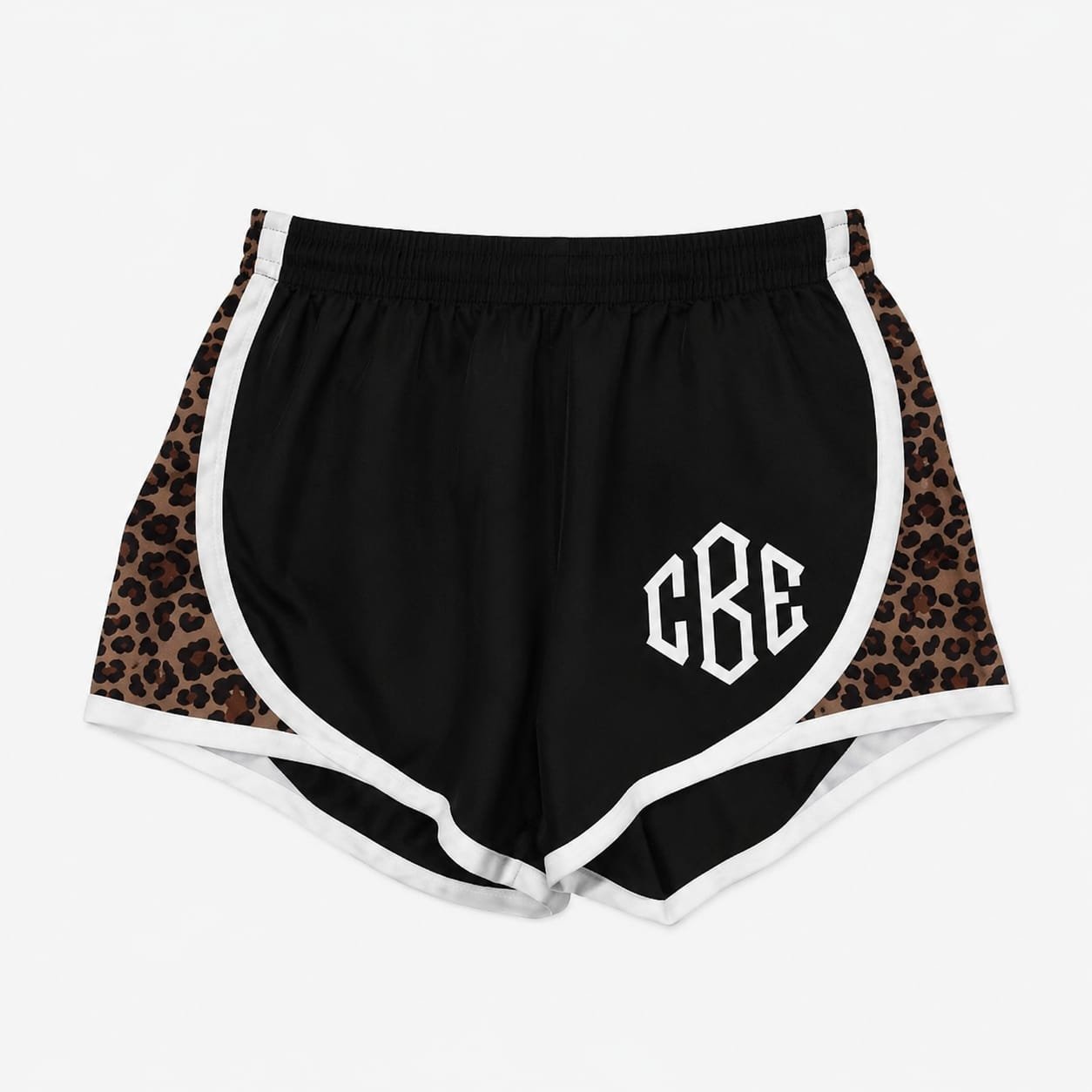 Black custom athletic shorts with white trim, leopard-print side panels, elastic waistband, and CBE logo.
