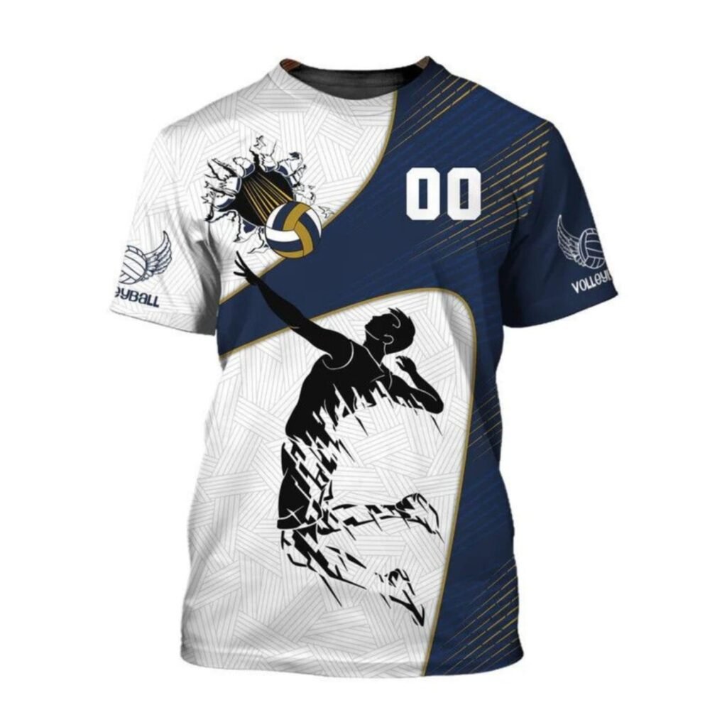 Custom volleyball jersey in white and navy blue with volleyball player graphic, ball design, and number 00.