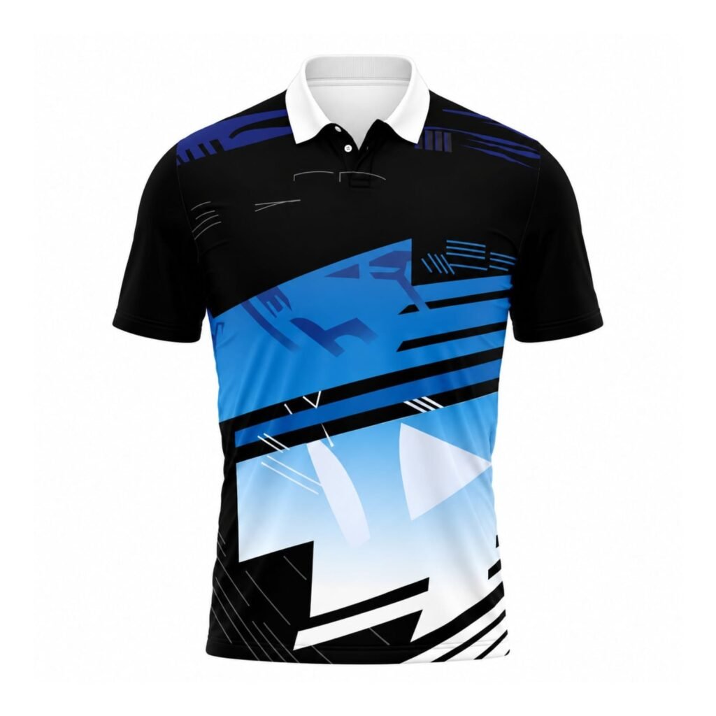 Black and blue custom polo shirt with white collar and modern geometric design.