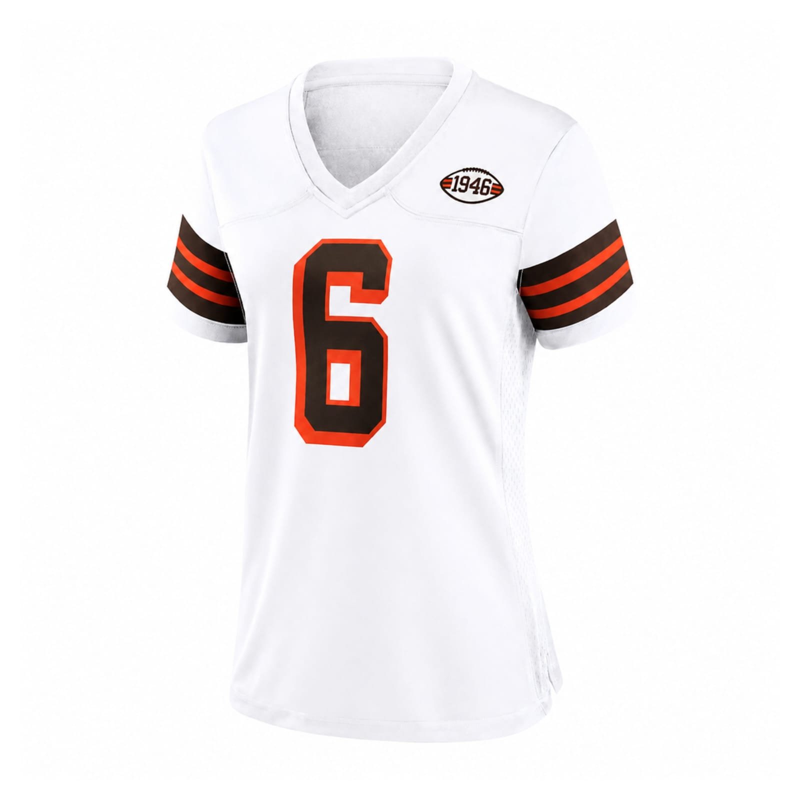 White custom sports jersey with orange and black number 6, striped sleeves, and 1946 chest logo