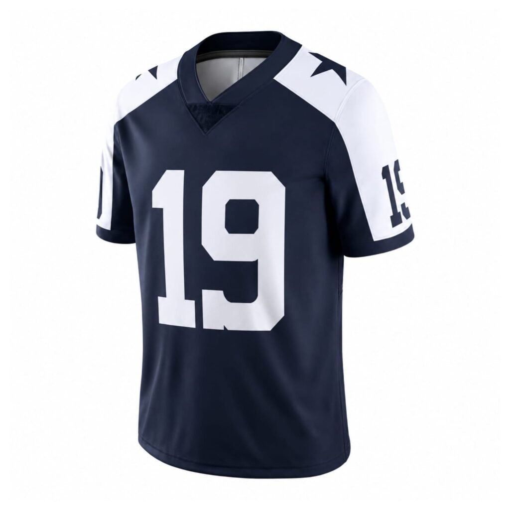 Navy blue American football jersey with white sleeves and bold number 19 design.