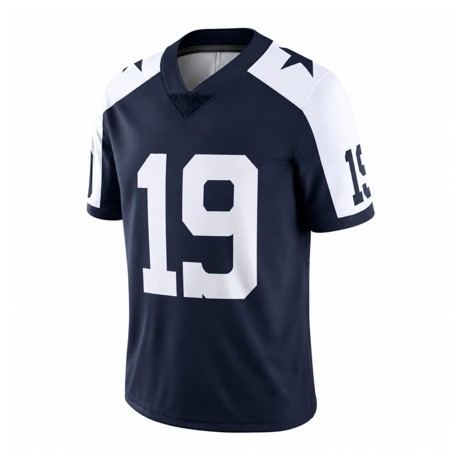 Navy blue American football jersey with white sleeves and bold number 19 design.