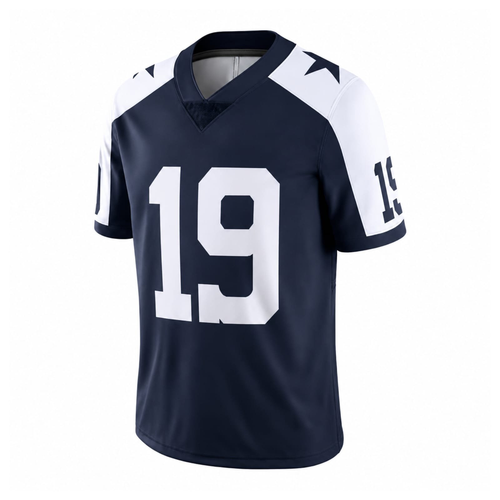 Navy blue American football jersey with white sleeves and bold number 19 design.