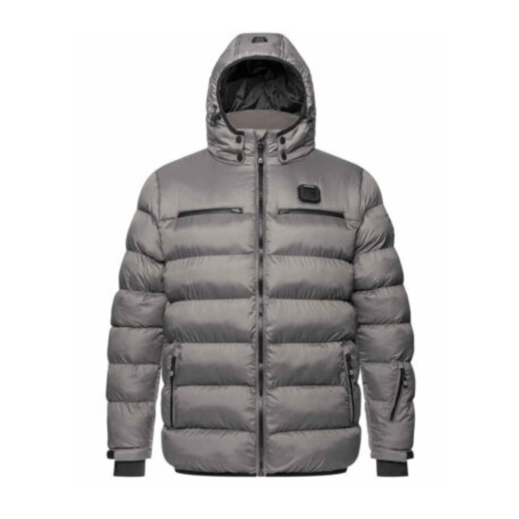 Grey hooded puffer jacket with quilted padding, multiple zip pockets and full front zipper