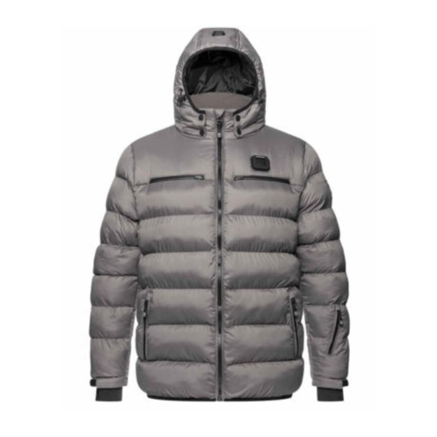 Grey hooded puffer jacket with quilted padding, multiple zip pockets and full front zipper