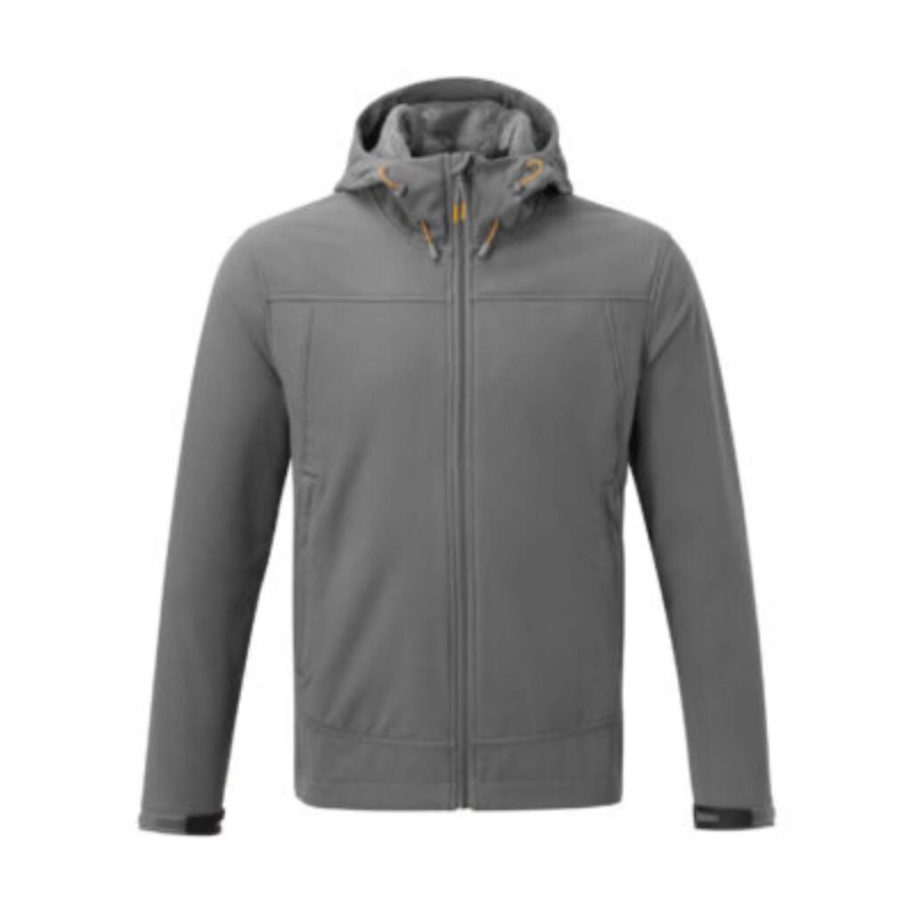 Grey hooded softshell jacket with full zip front, adjustable drawstring hood and zip pockets