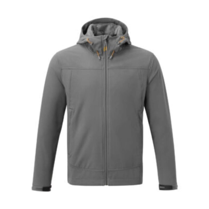 Grey hooded softshell jacket with full zip front, adjustable drawstring hood and zip pockets