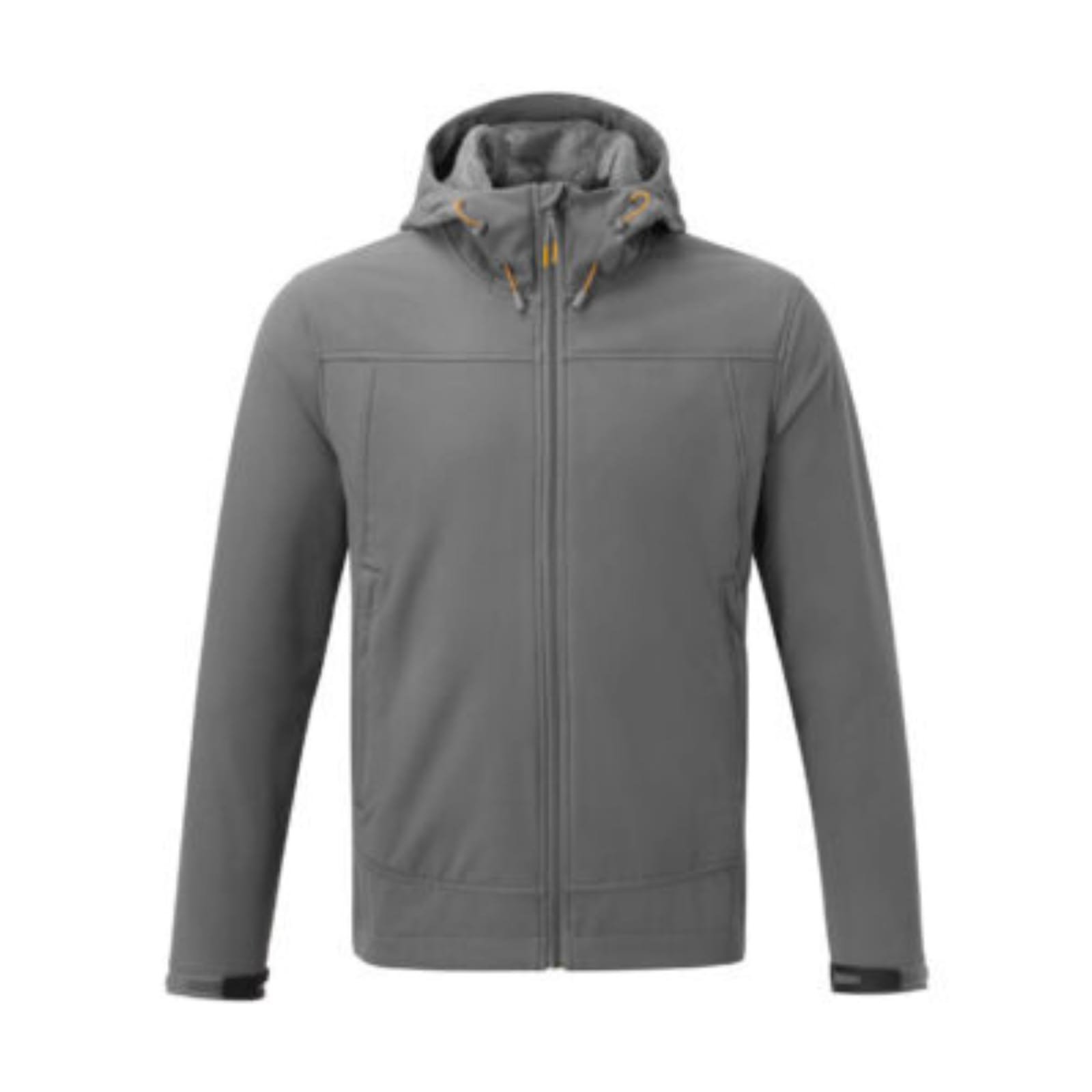 Grey hooded softshell jacket with full zip front, adjustable drawstring hood and zip pockets