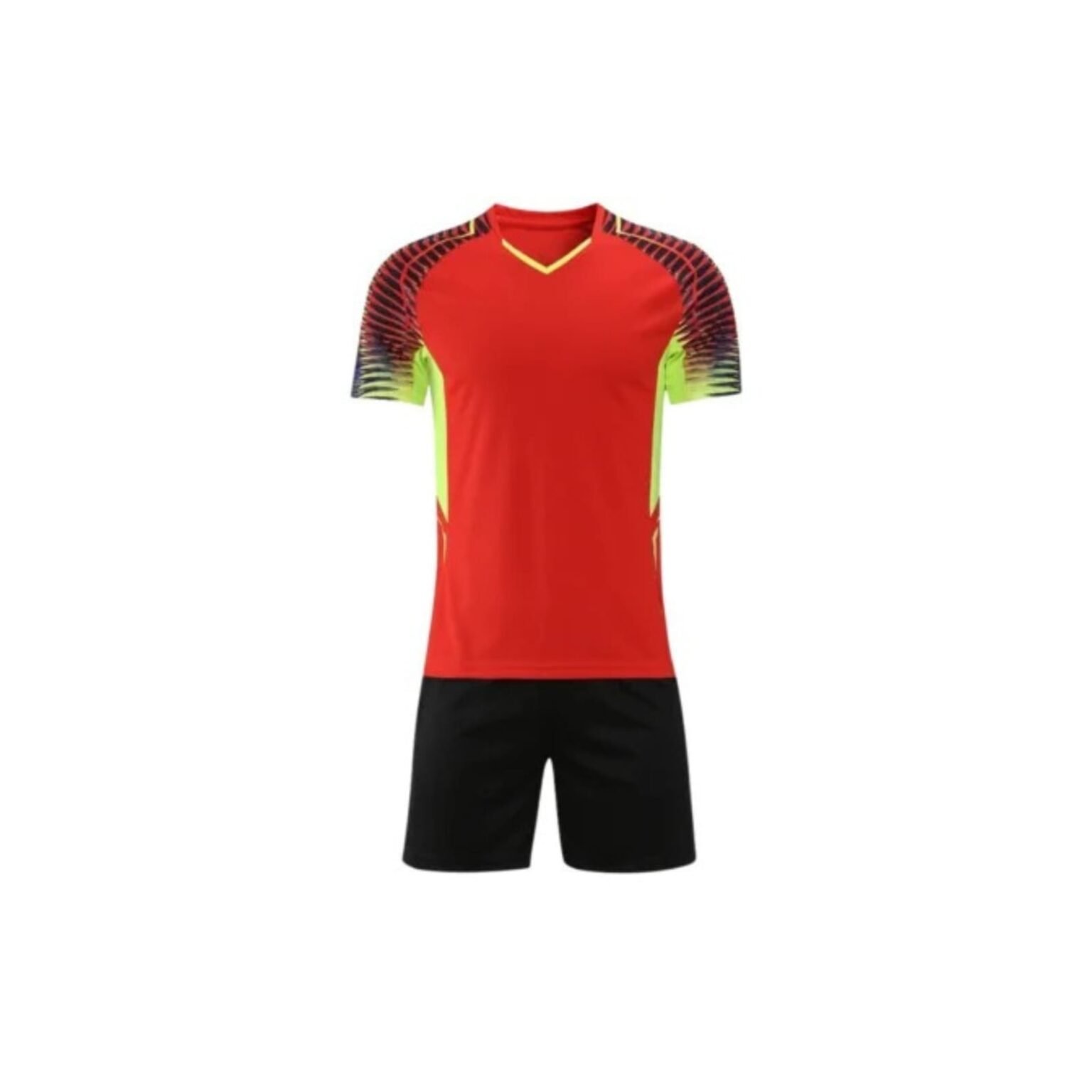 Red and black custom soccer jersey and shorts set with colorful patterned sleeves