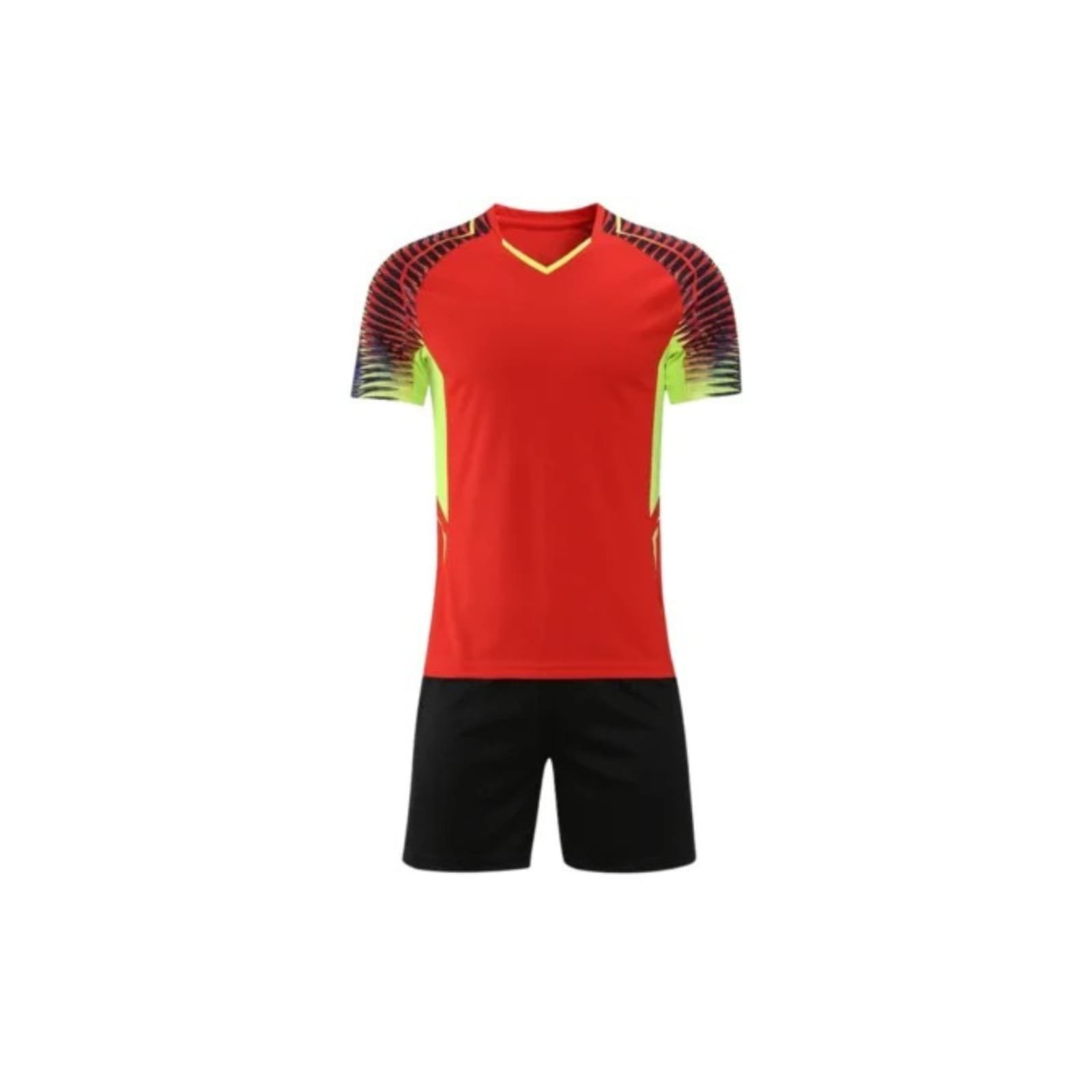 Red and black custom soccer jersey and shorts set with colorful patterned sleeves