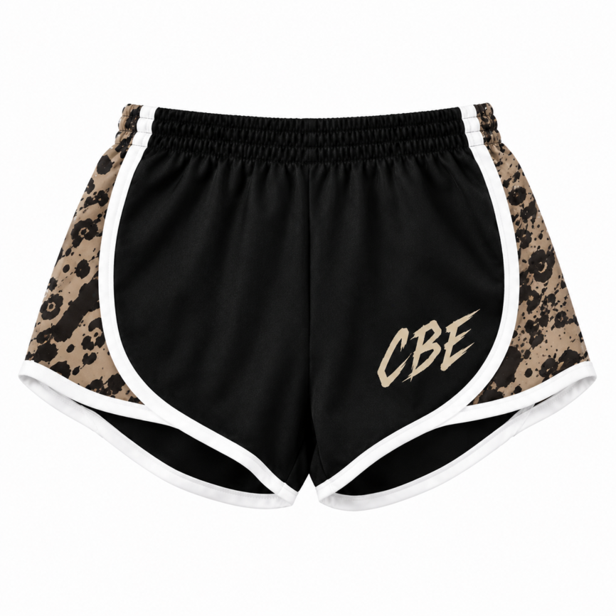 Black and brown printed athletic shorts with white trim and patterned side panels