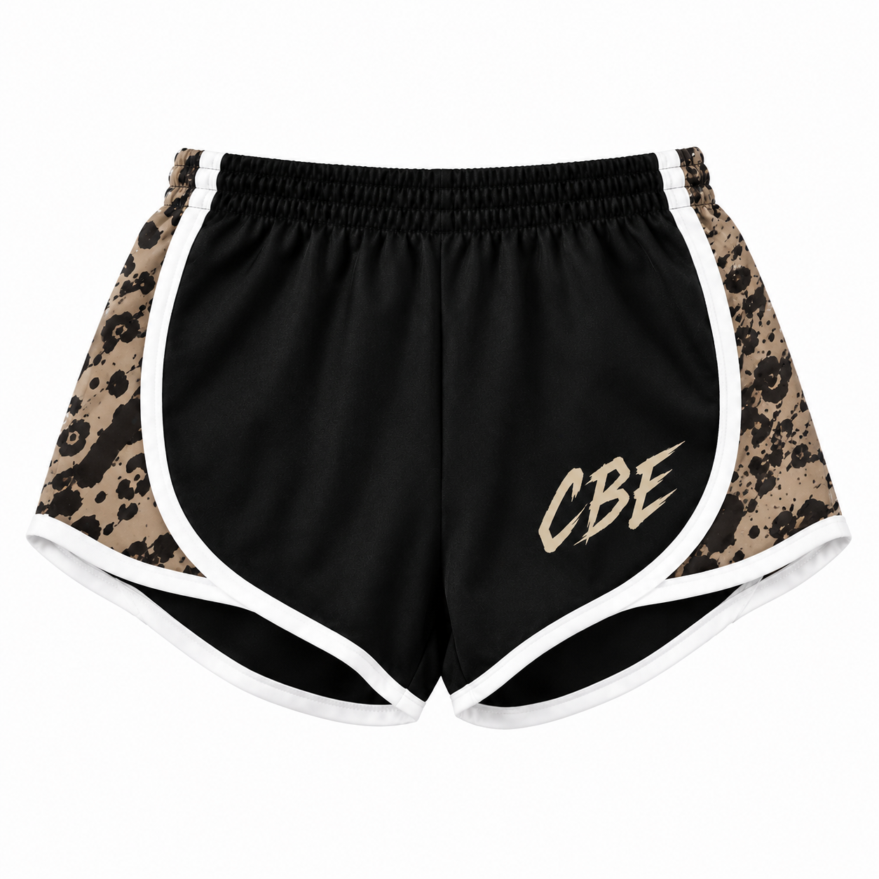 Black and brown printed athletic shorts with white trim and patterned side panels